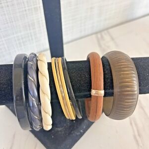 Vintage Lucite Plastic Metal Bronze Mixed Bangle Bracelet Collection Lot of 9 A
